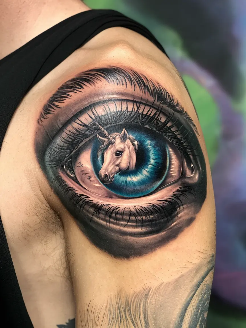 Unicorn eye tattoo on man's inner bicep