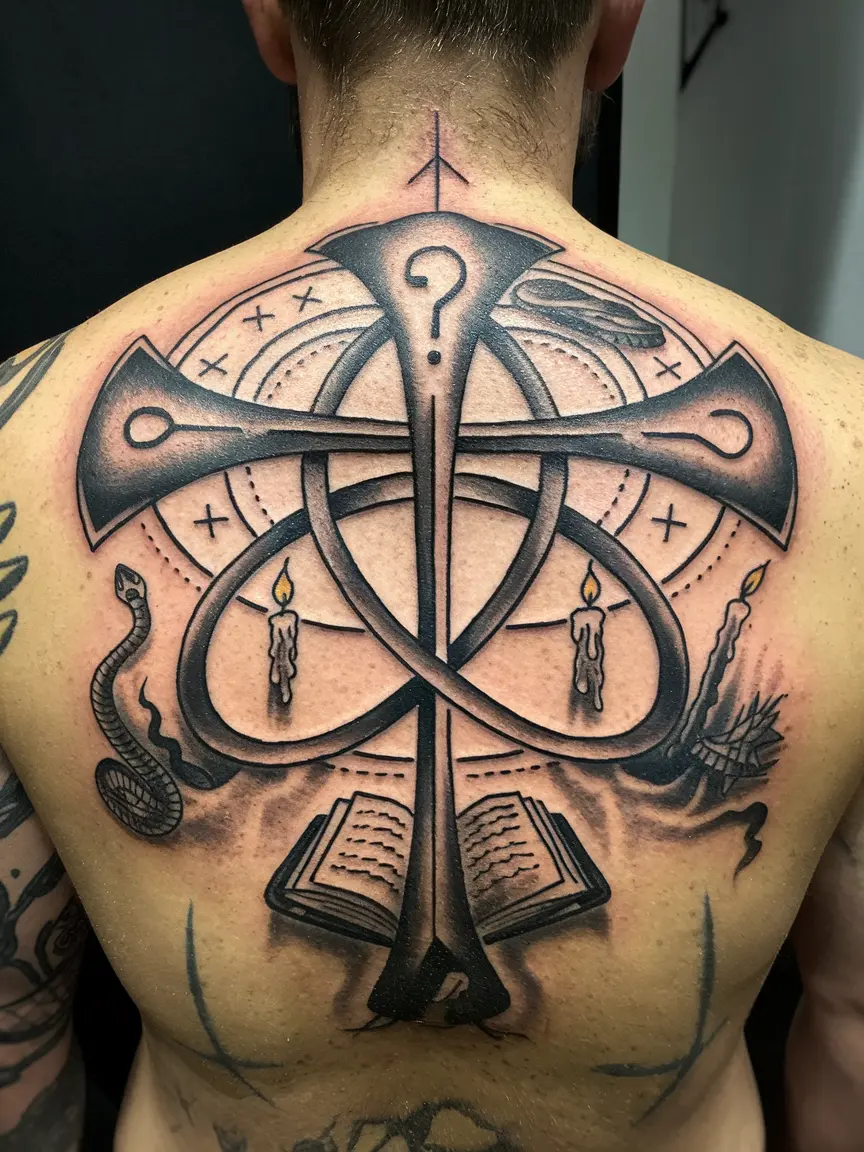 Intricate Unholy Trinity symbol tattoo on back