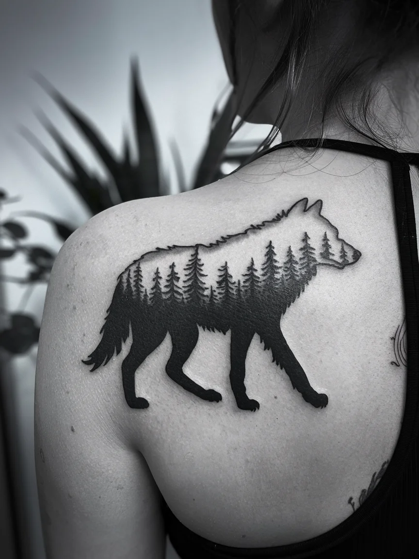 Negative space silhouette back tattoo