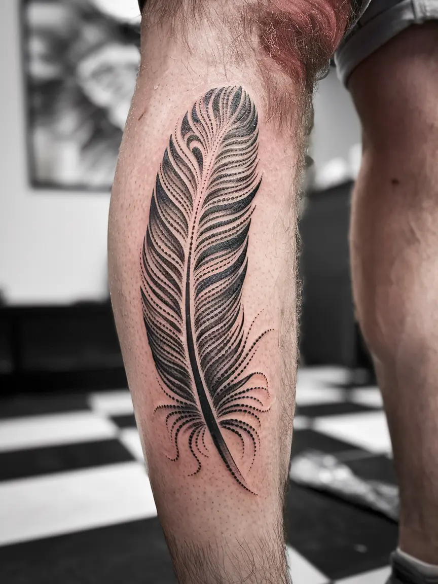 Man's calf with dotwork feather stick and poke tattoo