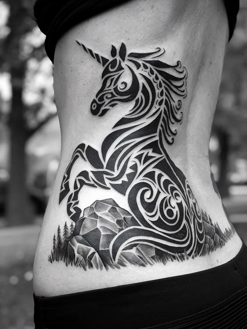 Tribal unicorn tattoo on woman's lower back
