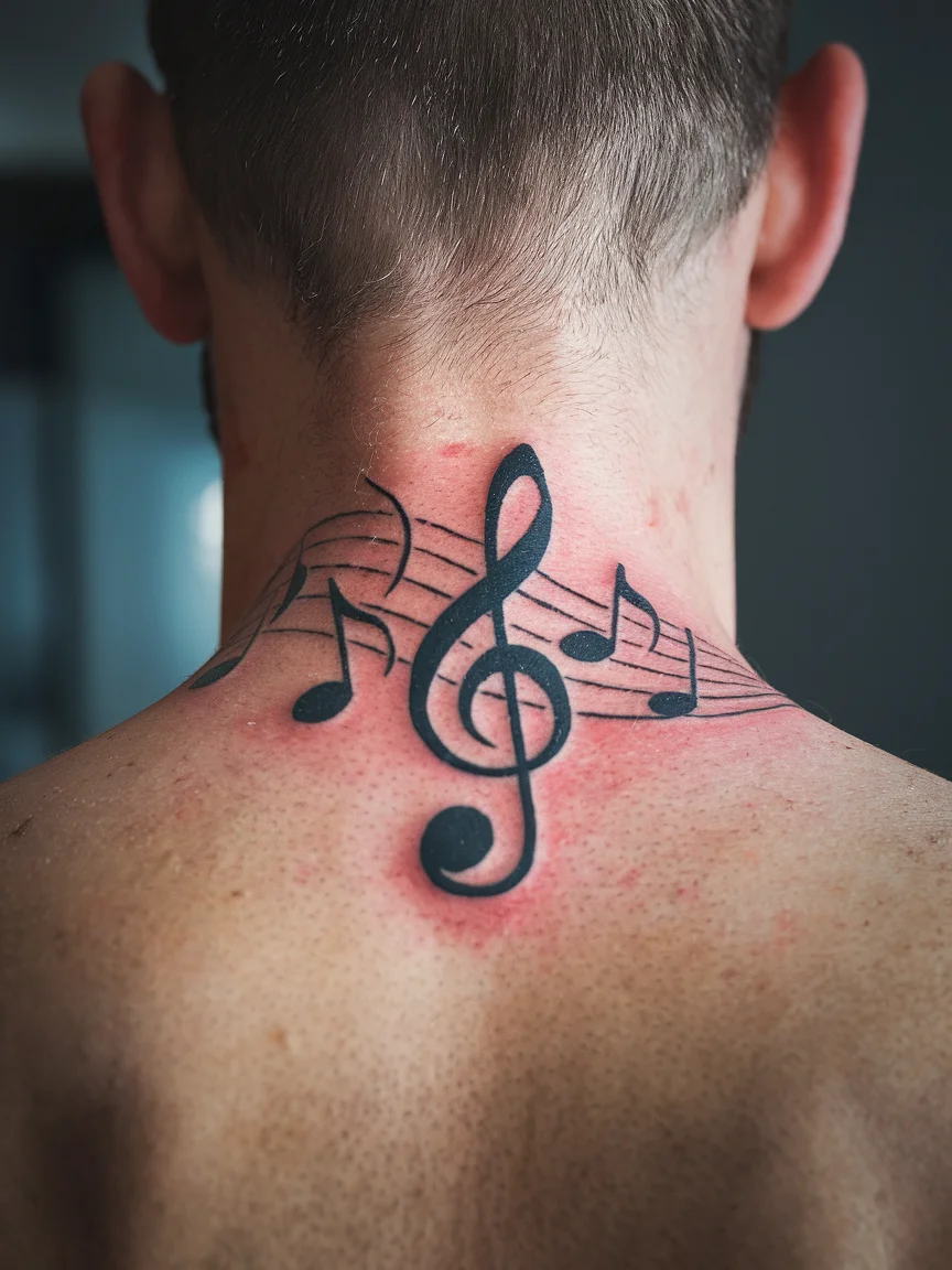Musical notes neck tattoo