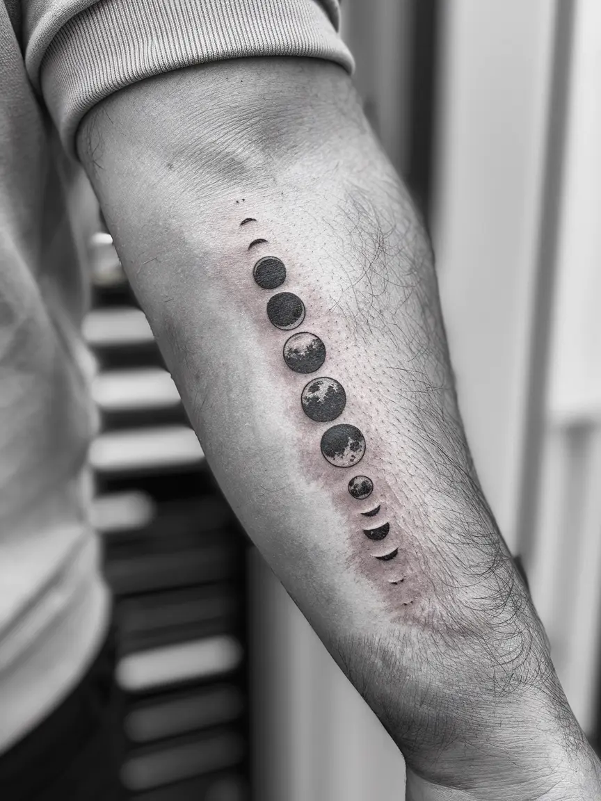 Man's inner forearm with lunar phases stick and poke tattoo