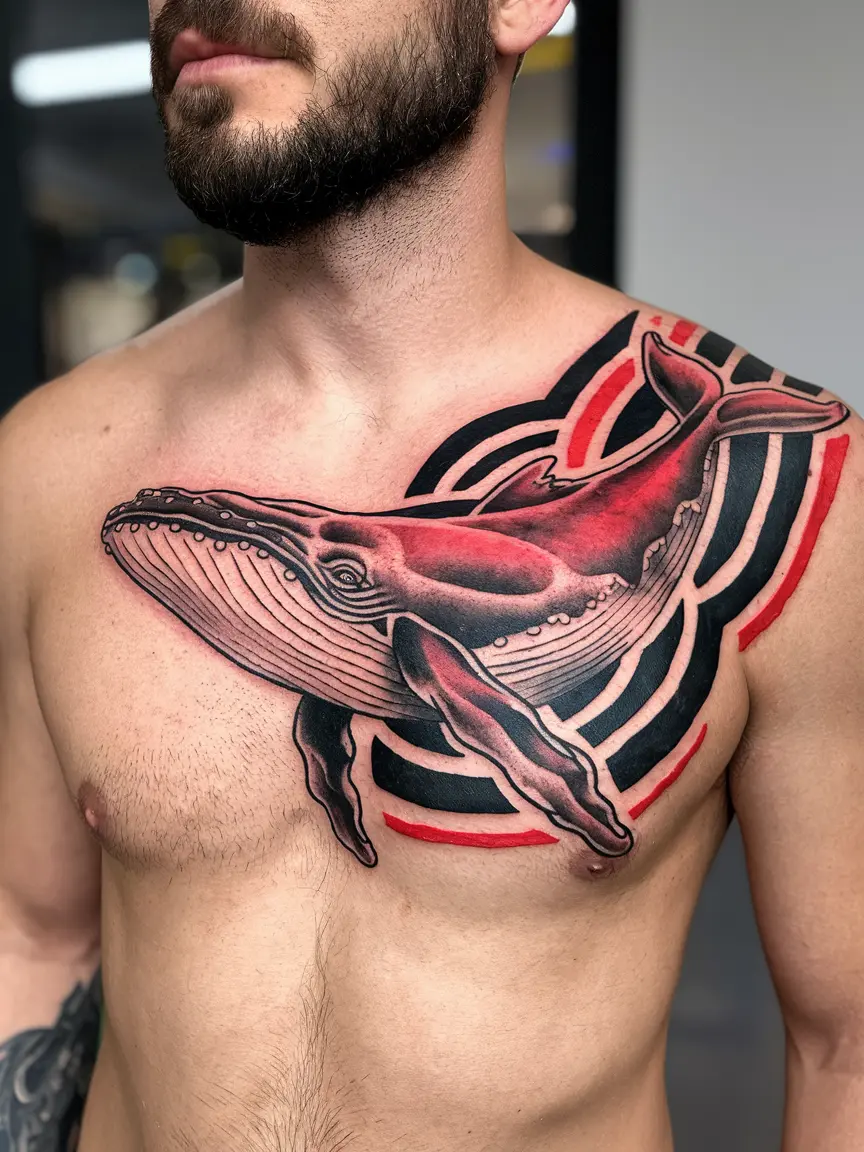 Trash polka whale tattoo on man's chest