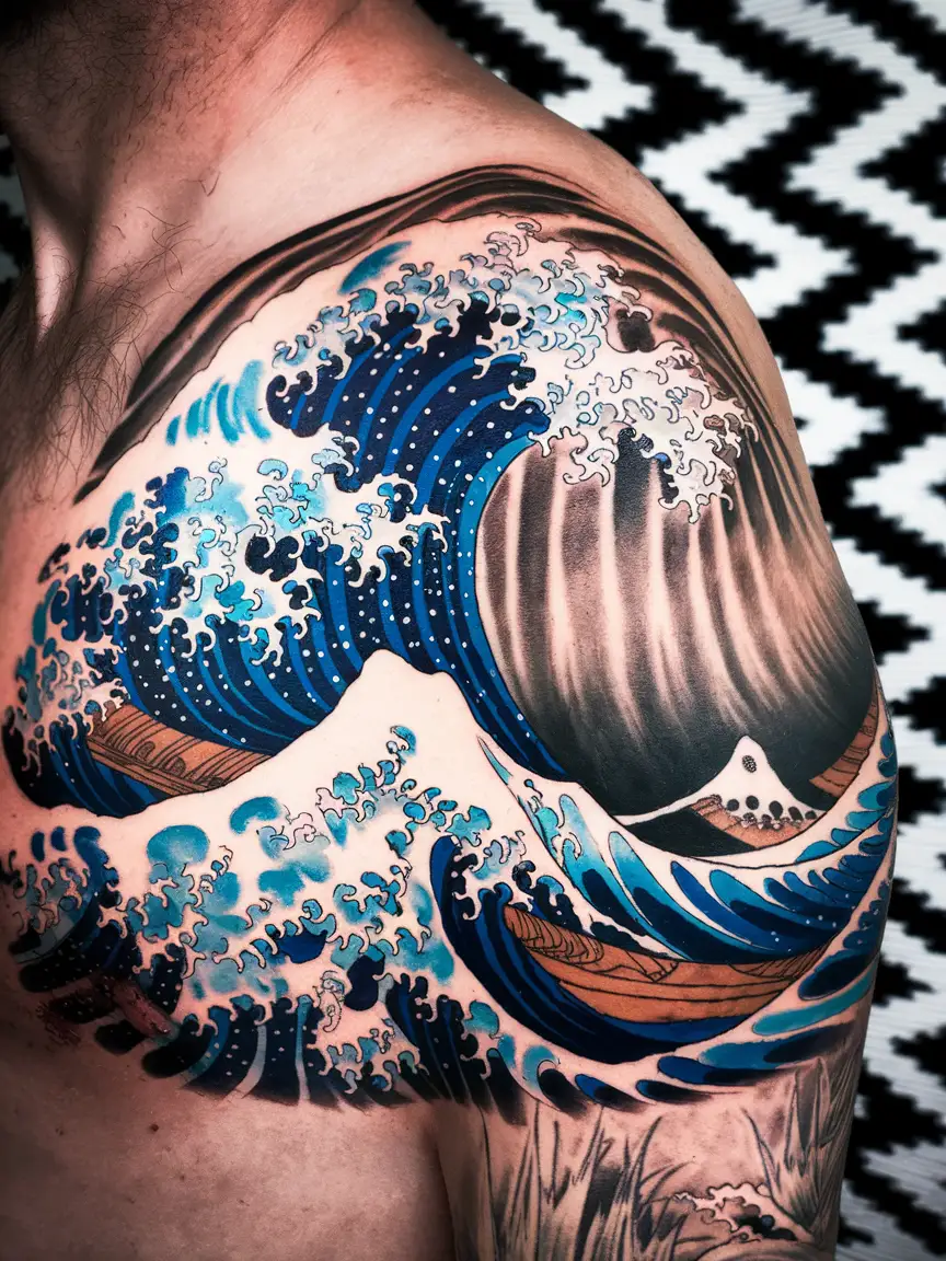 Japanese-style wave shoulder tattoo