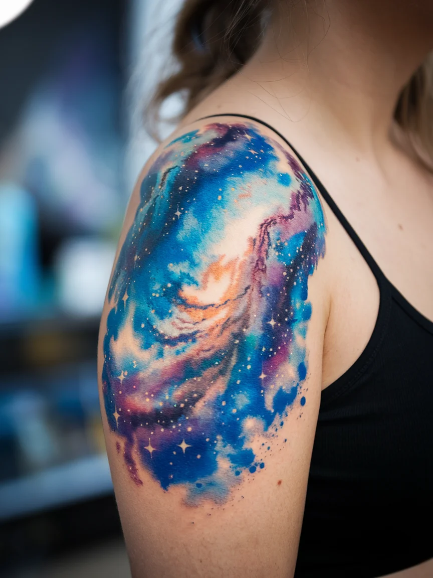 Watercolor galaxy shoulder tattoo