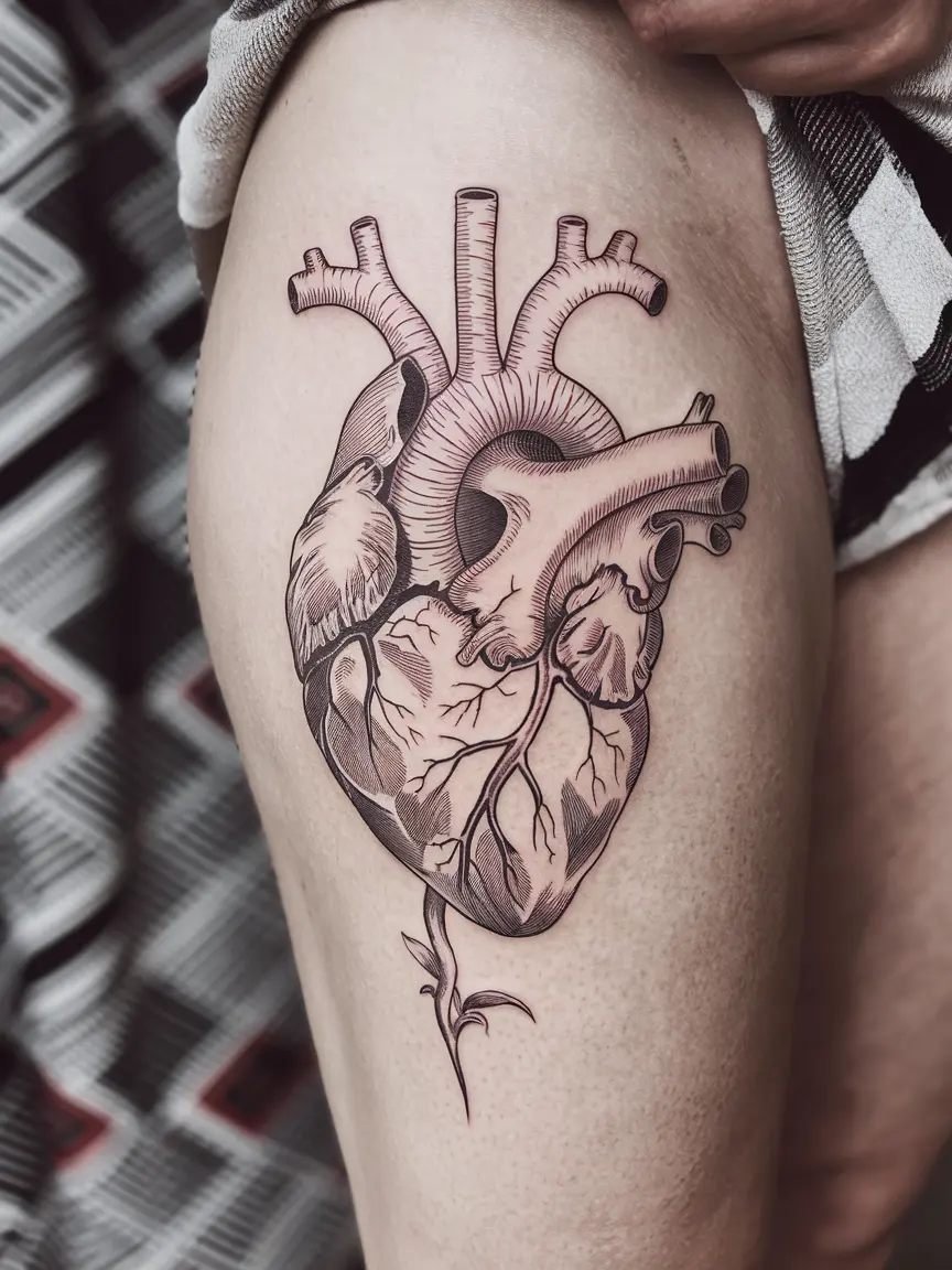 Anatomical flower thigh tattoo