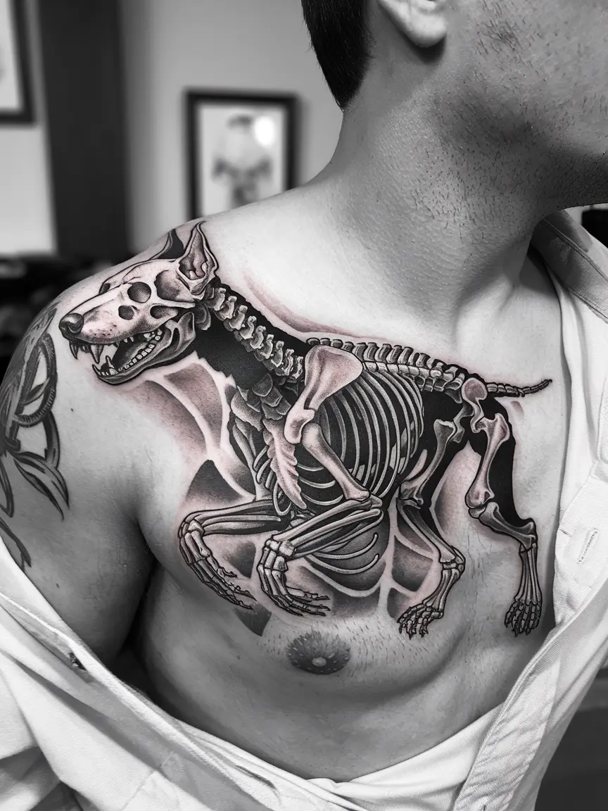 Doberman skeleton tattoo on ribcage