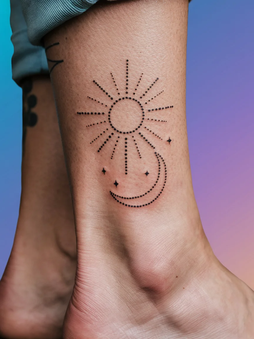 Minimalist sun and moon tattoo on woman's ankle