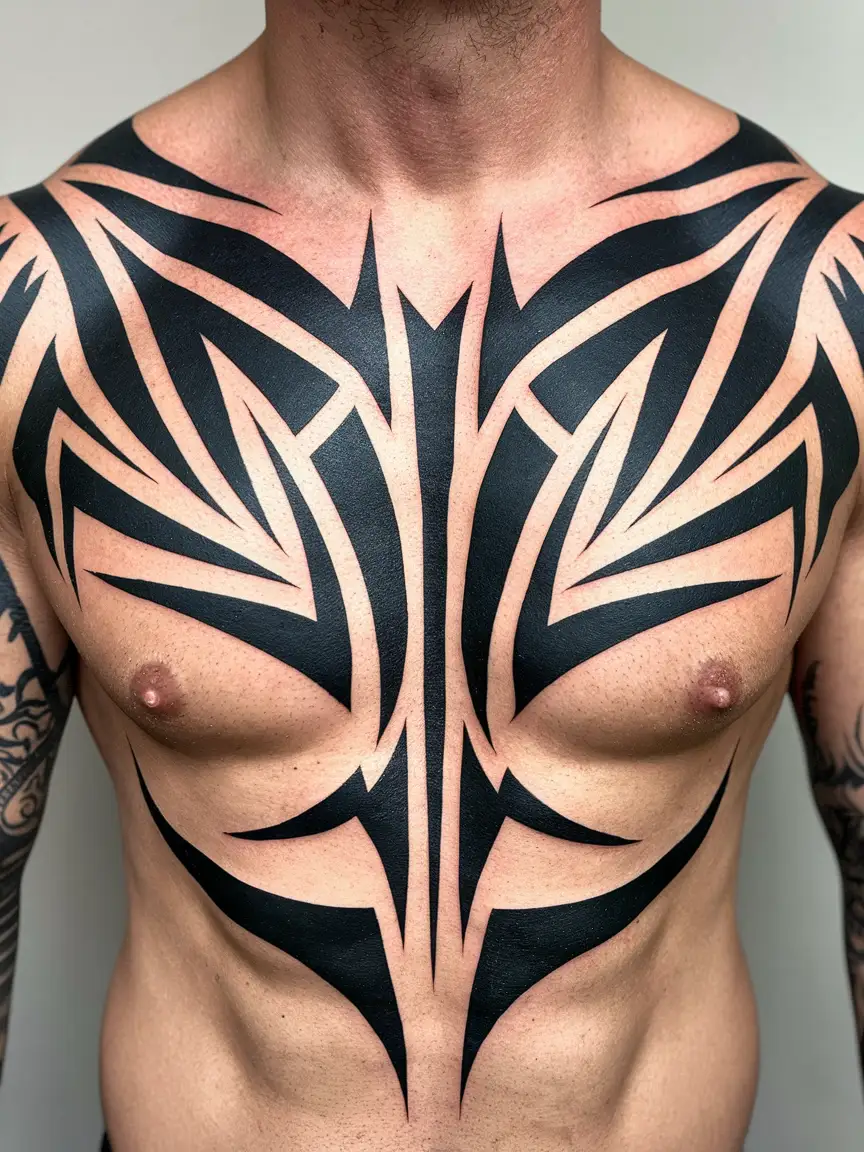 Tribal-inspired chest tattoo on man