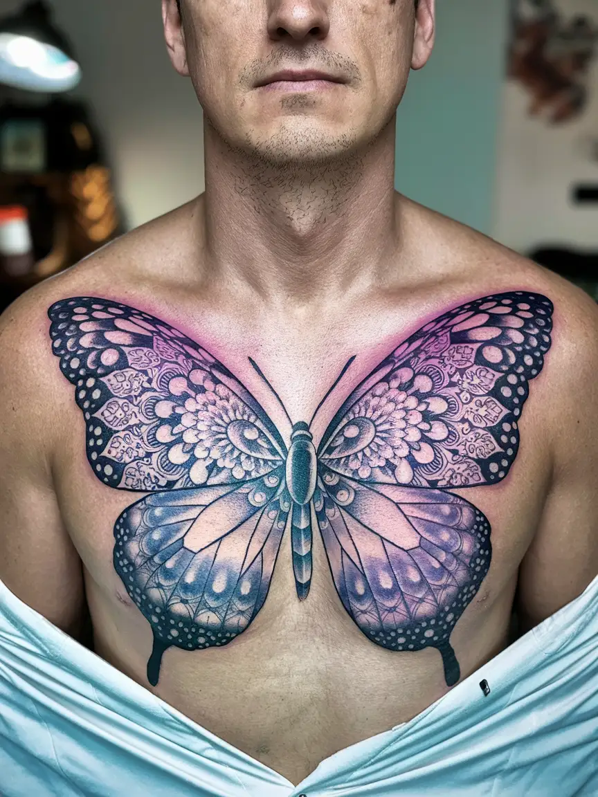Butterfly with mandala wings tattoo on chest
