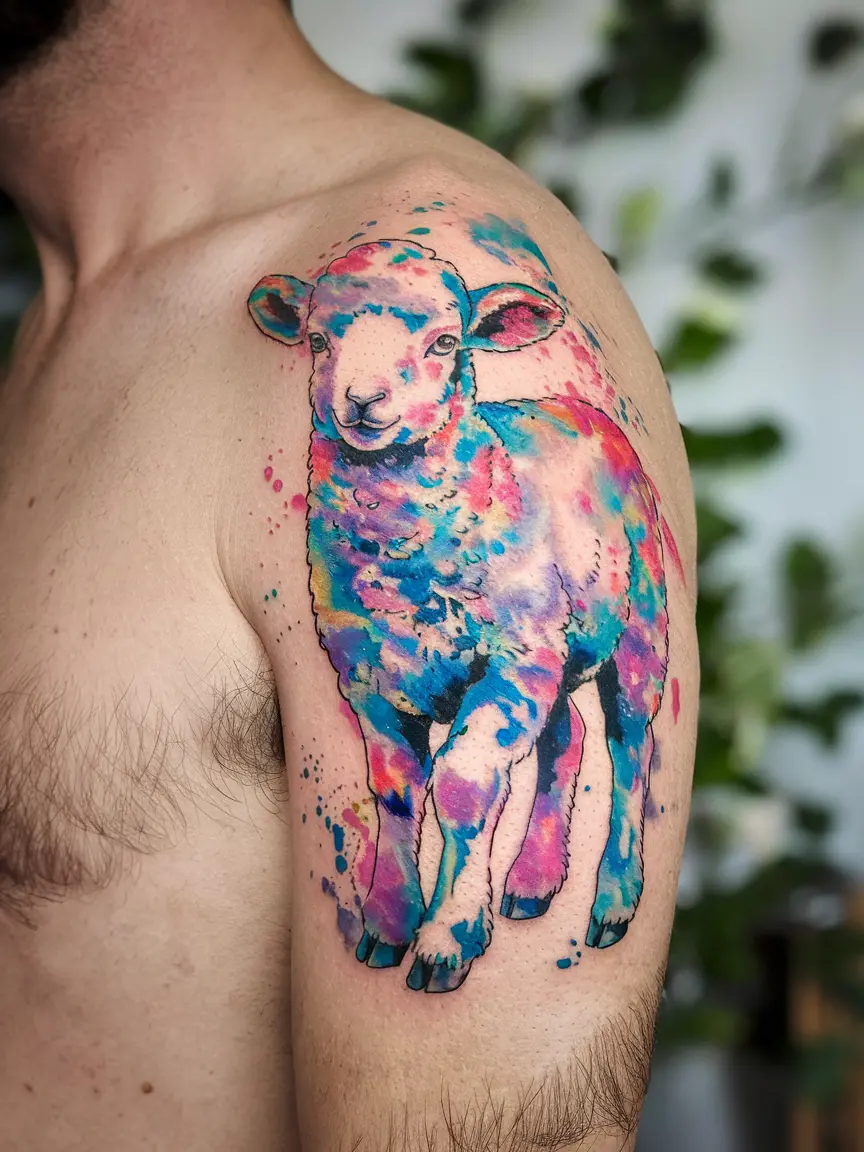 Watercolor style lamb tattoo on upper arm