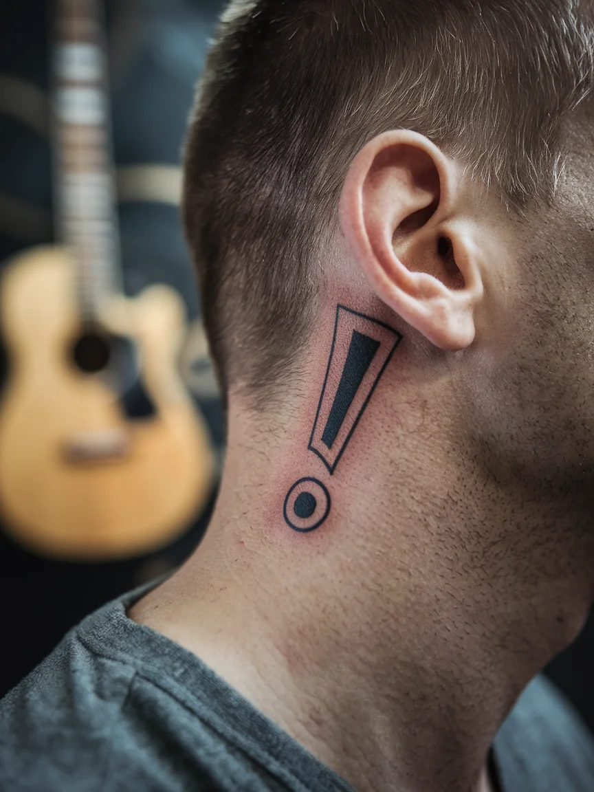Man's behind-ear with Panic! At The Disco inspired tattoo