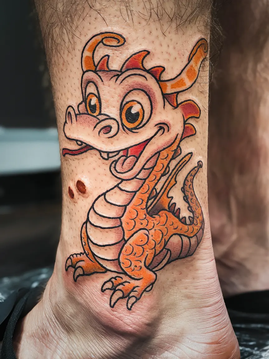Cartoon-style dragon ankle tattoo