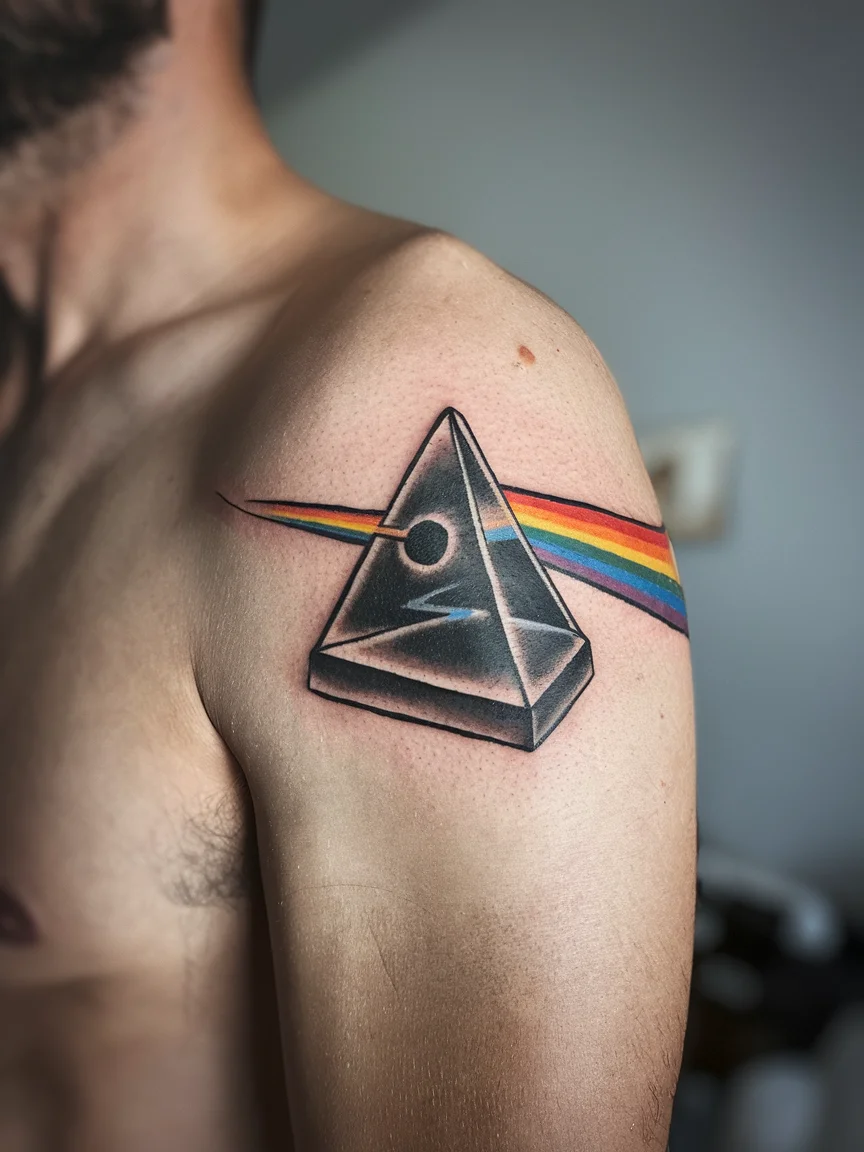 Man's arm with Pink Floyd prism tattoo