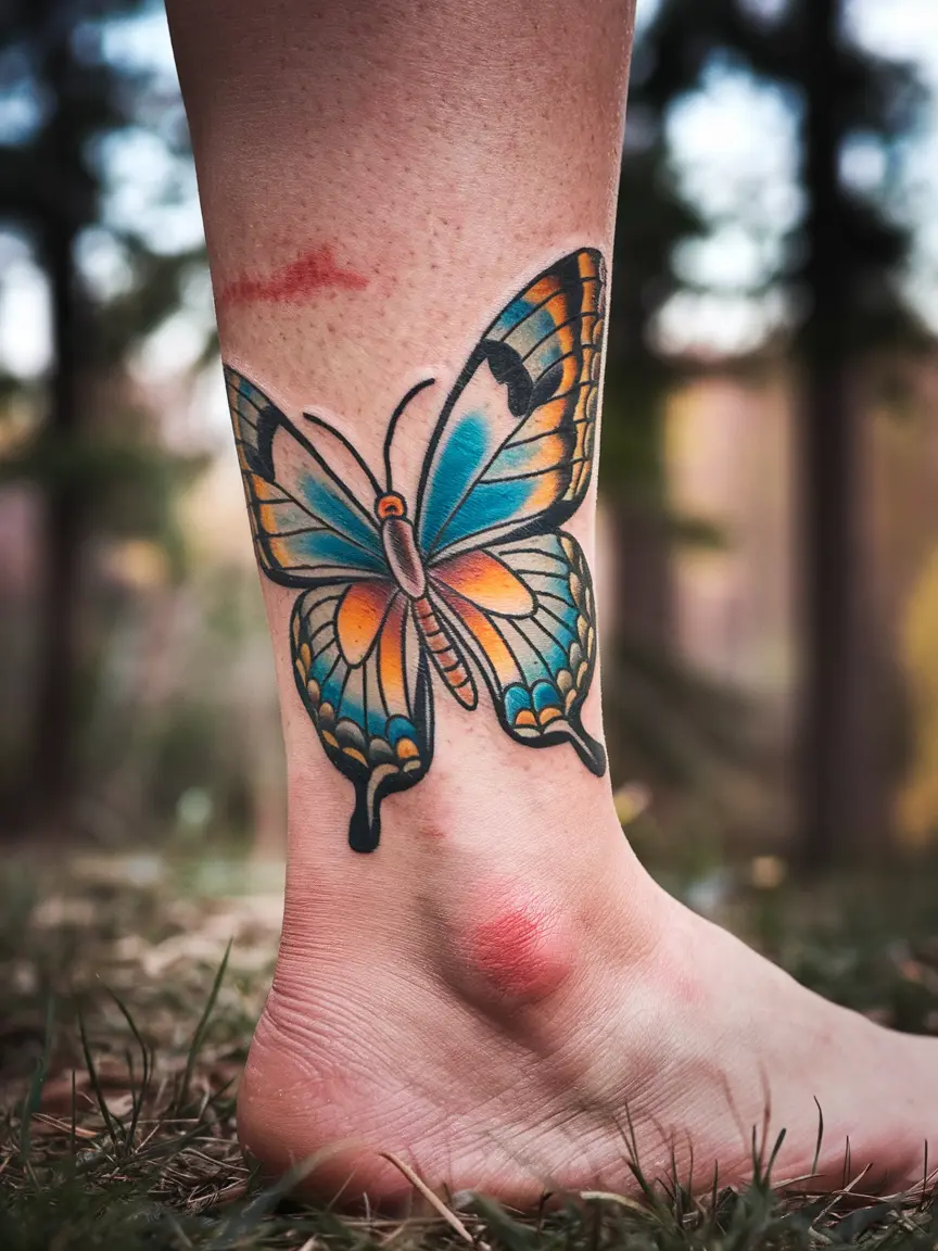 Traditional butterfly tattoo on ankle