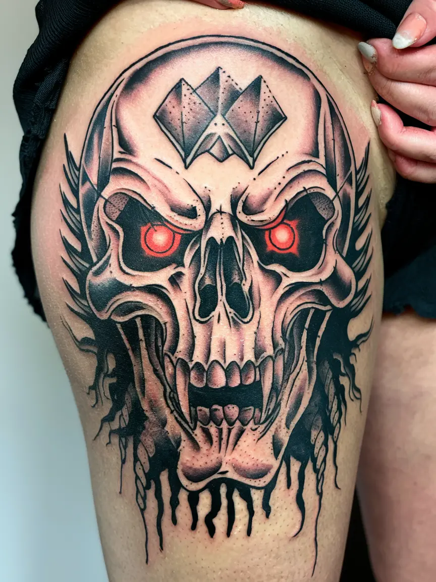 Woman's thigh with Misfits skull tattoo