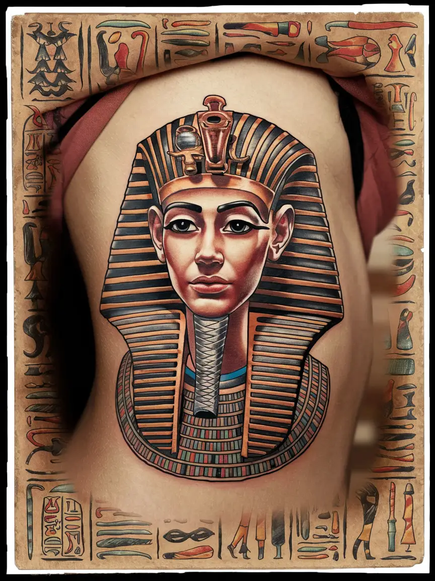 Neotraditional Egyptian pharaoh tattoo on ribcage