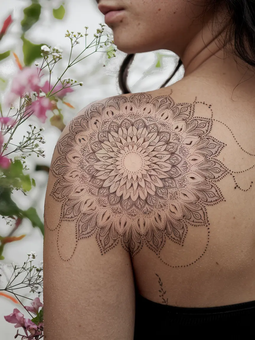 Dotwork mandala shoulder tattoo