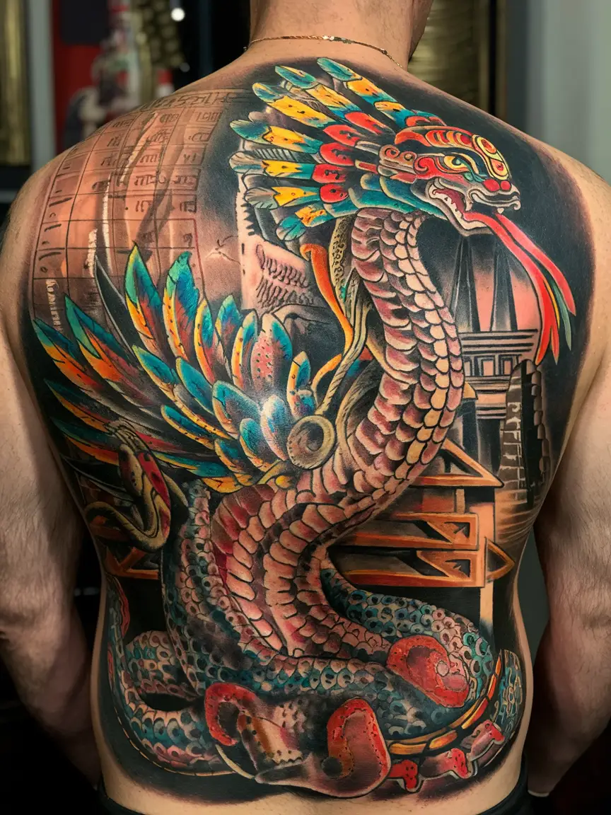 Quetzalcoatl full back tattoo