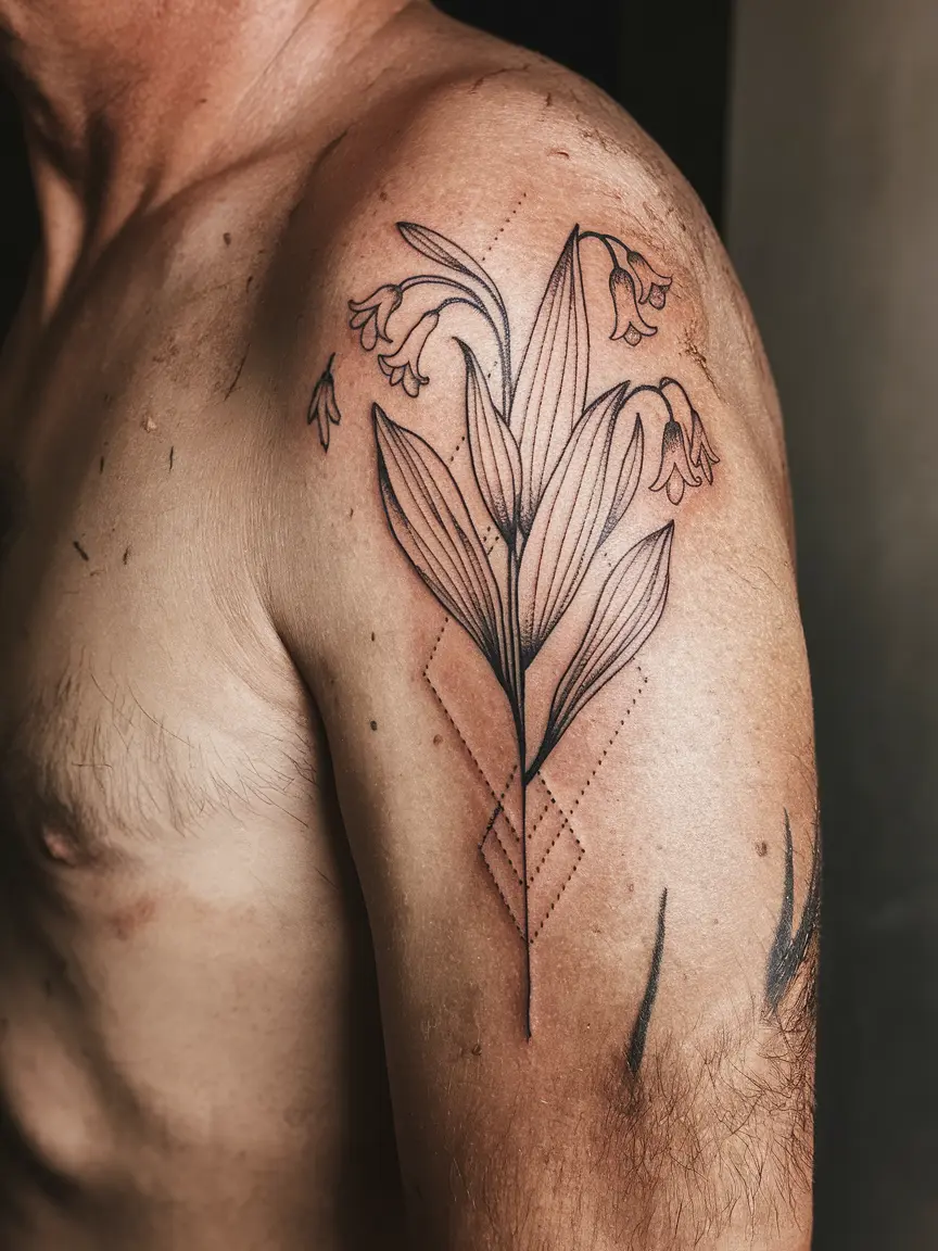 Geometric lily of the valley upper arm tattoo