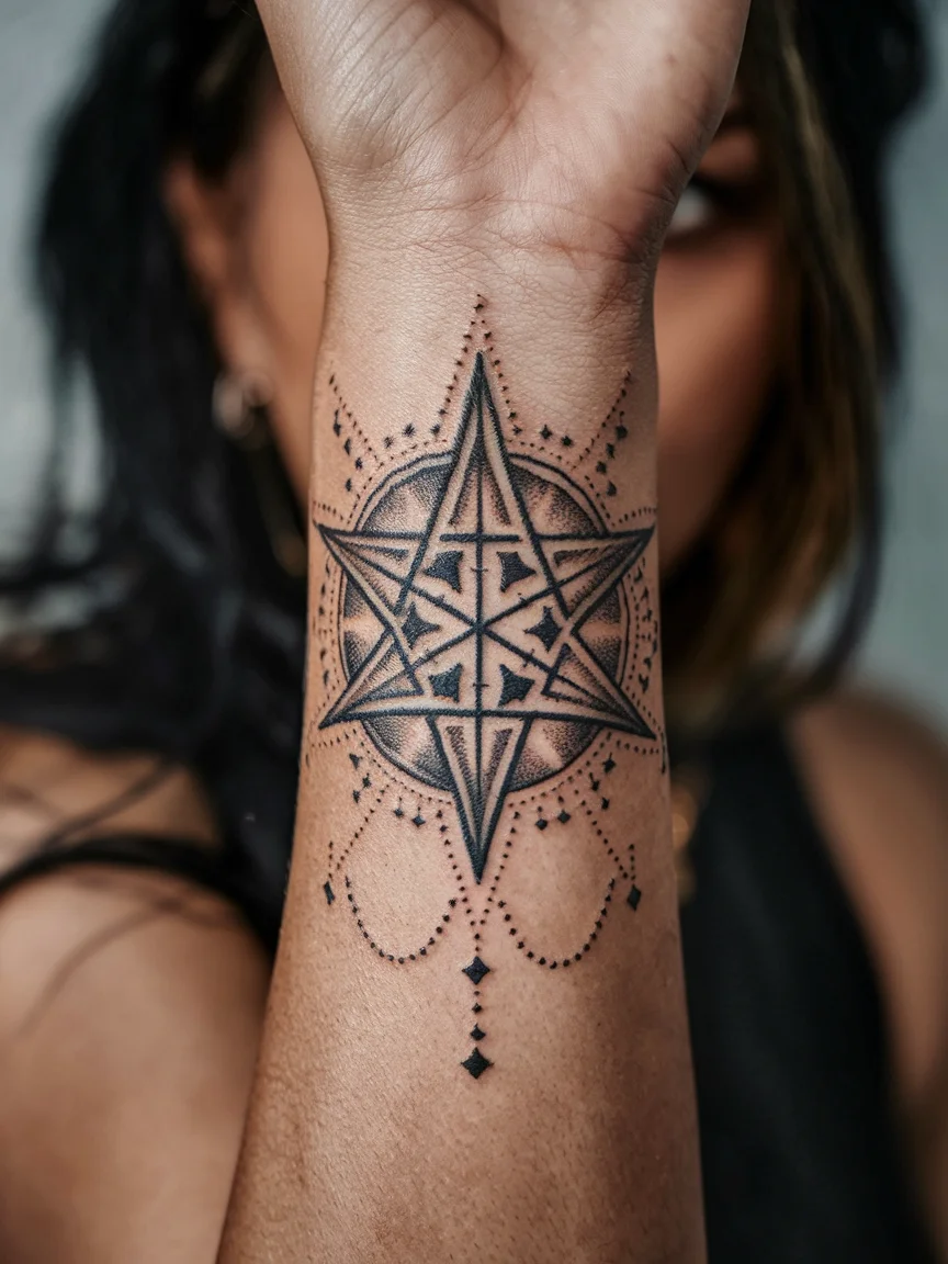 Detailed Chaos Star tattoo on wrist