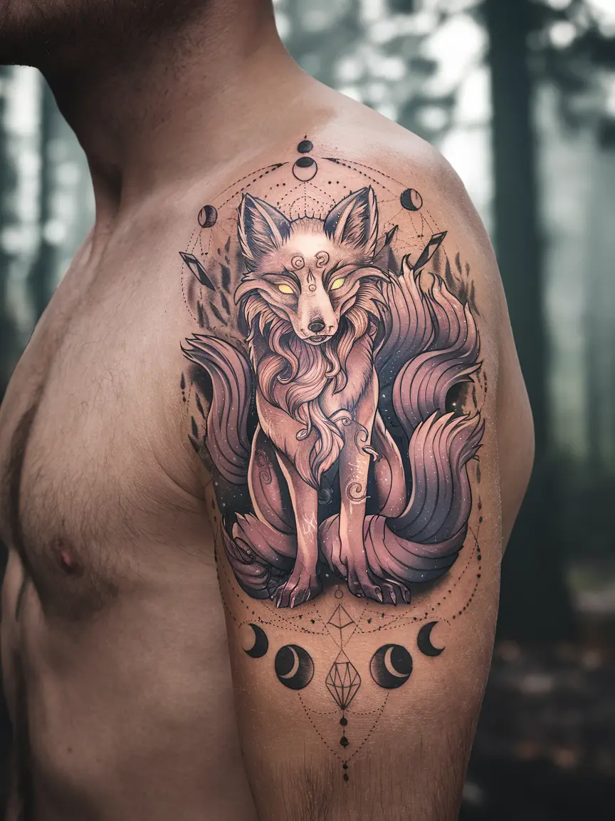 Neotraditional enchanted fox tattoo on bicep