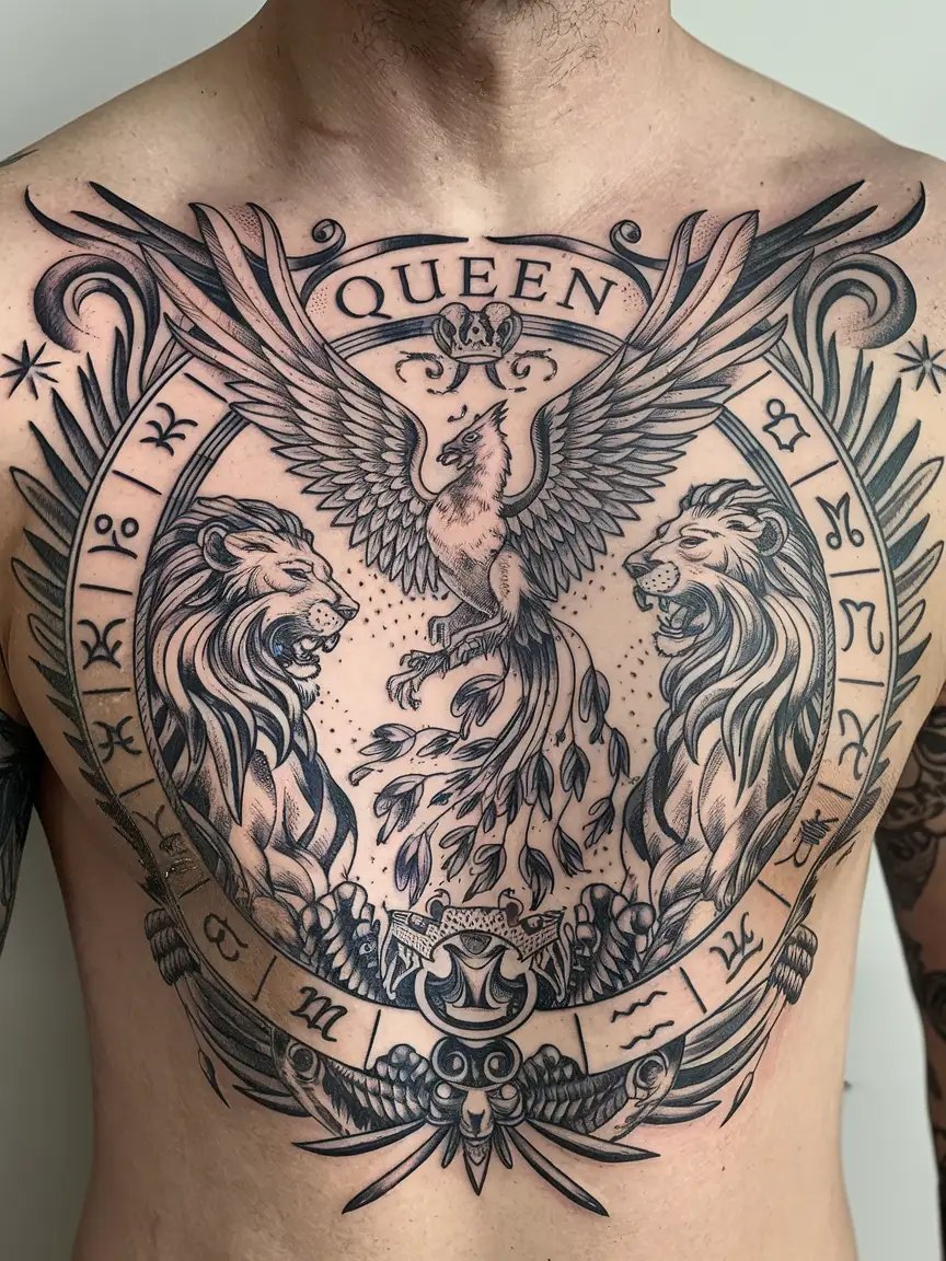 Man's chest with Queen crest tattoo