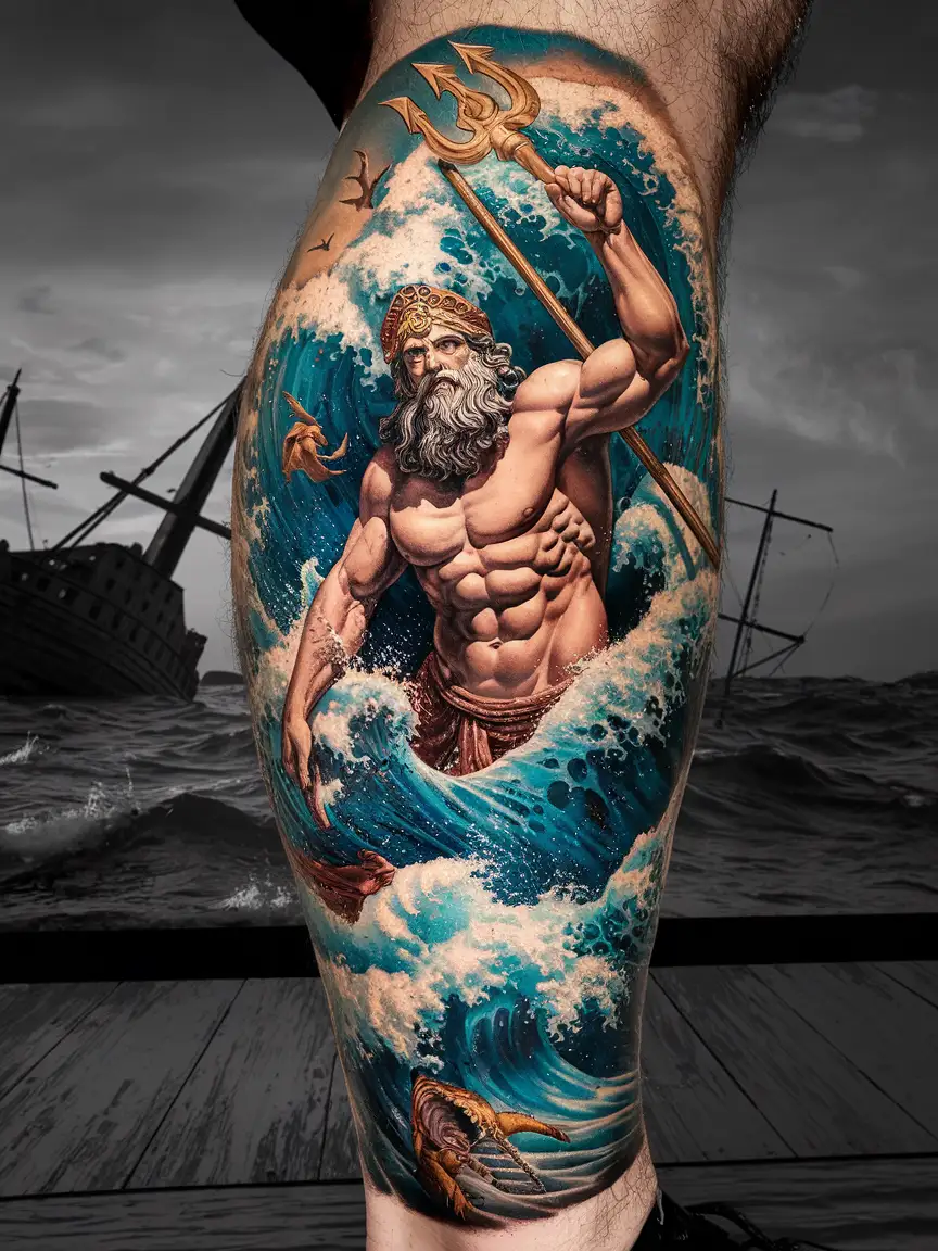 Poseidon calf tattoo