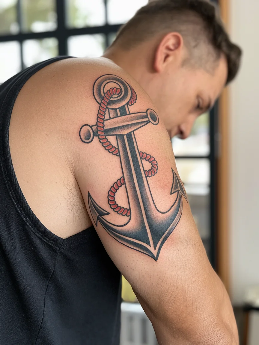 Traditional nautical anchor tattoo on bicep
