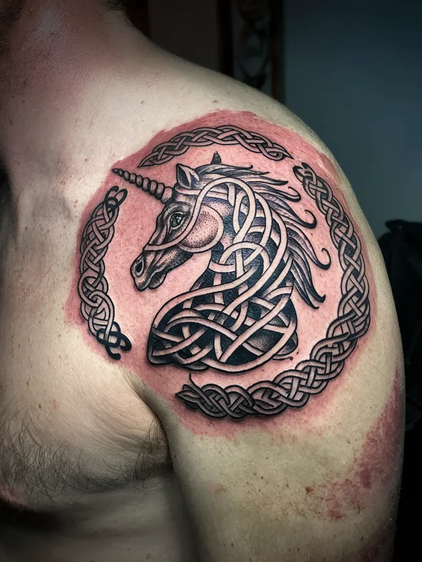 Celtic unicorn tattoo on man's shoulder blade