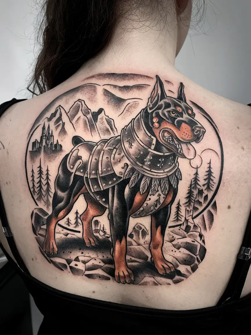 Armored Doberman tattoo on upper back