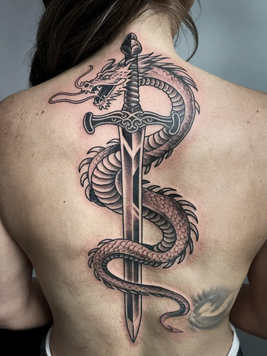 Dragon and sword spine tattoo