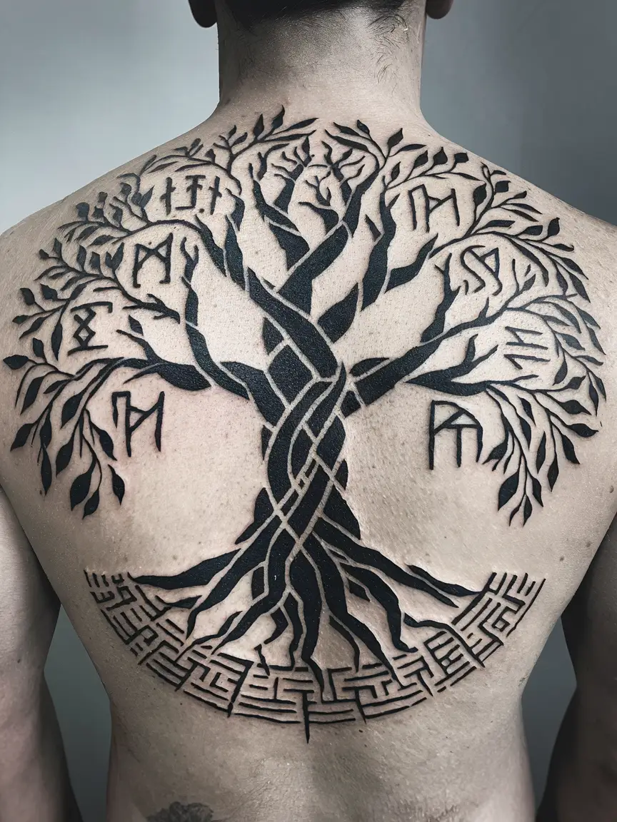 Norse Yggdrasil and runes neotribal tattoo on upper back