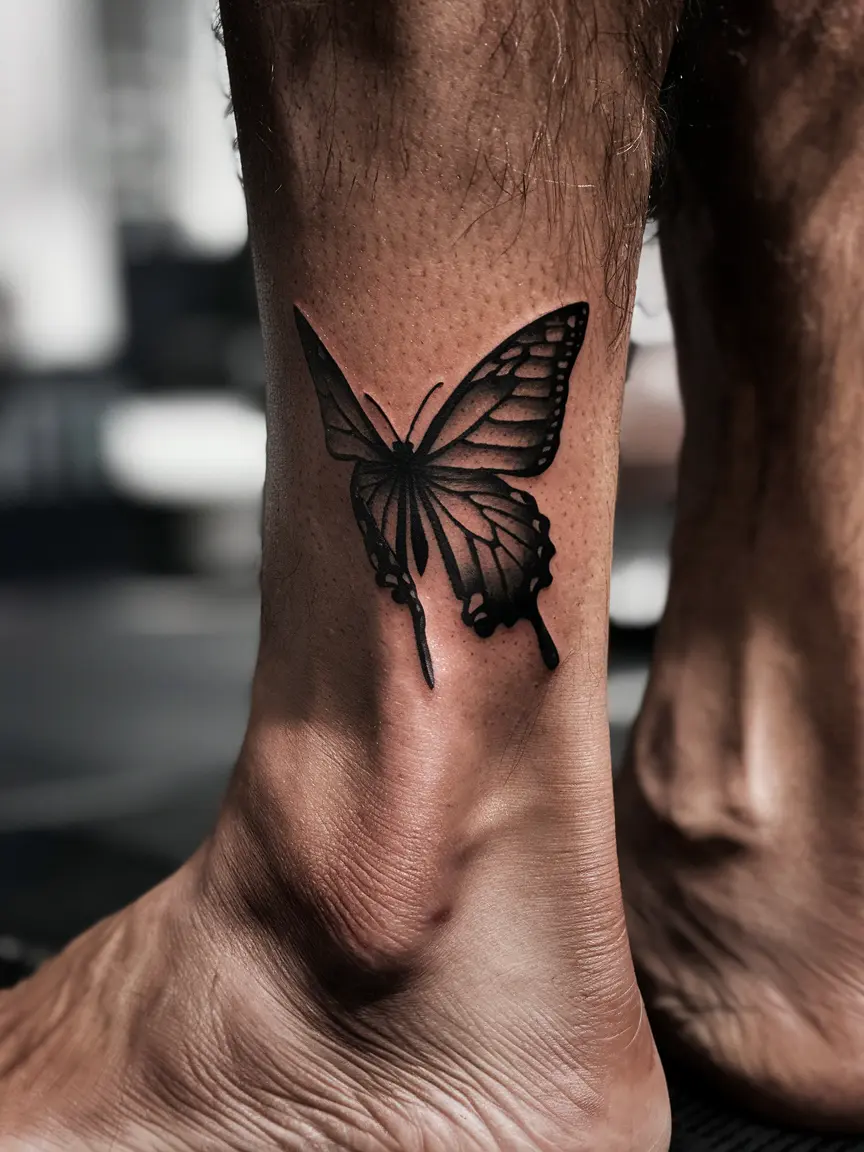 Black butterfly silhouette tattoo on ankle