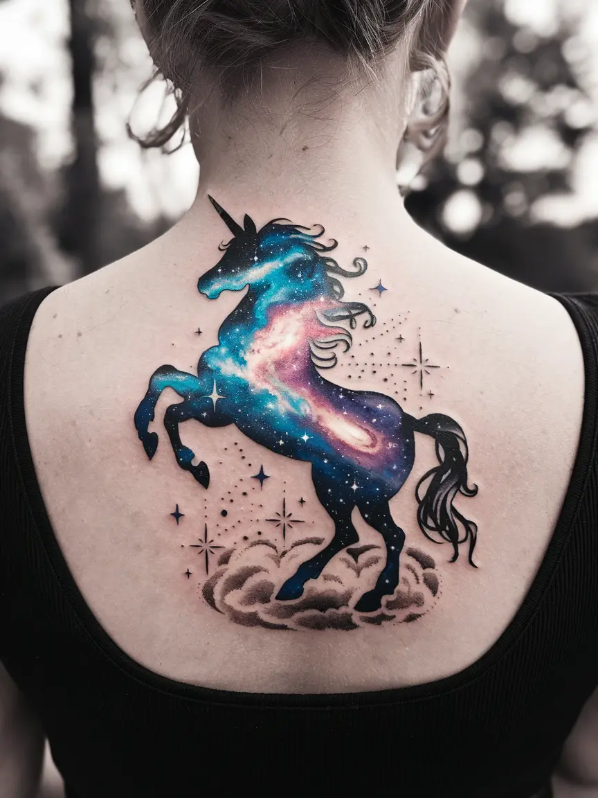 Galaxy unicorn tattoo on woman's back