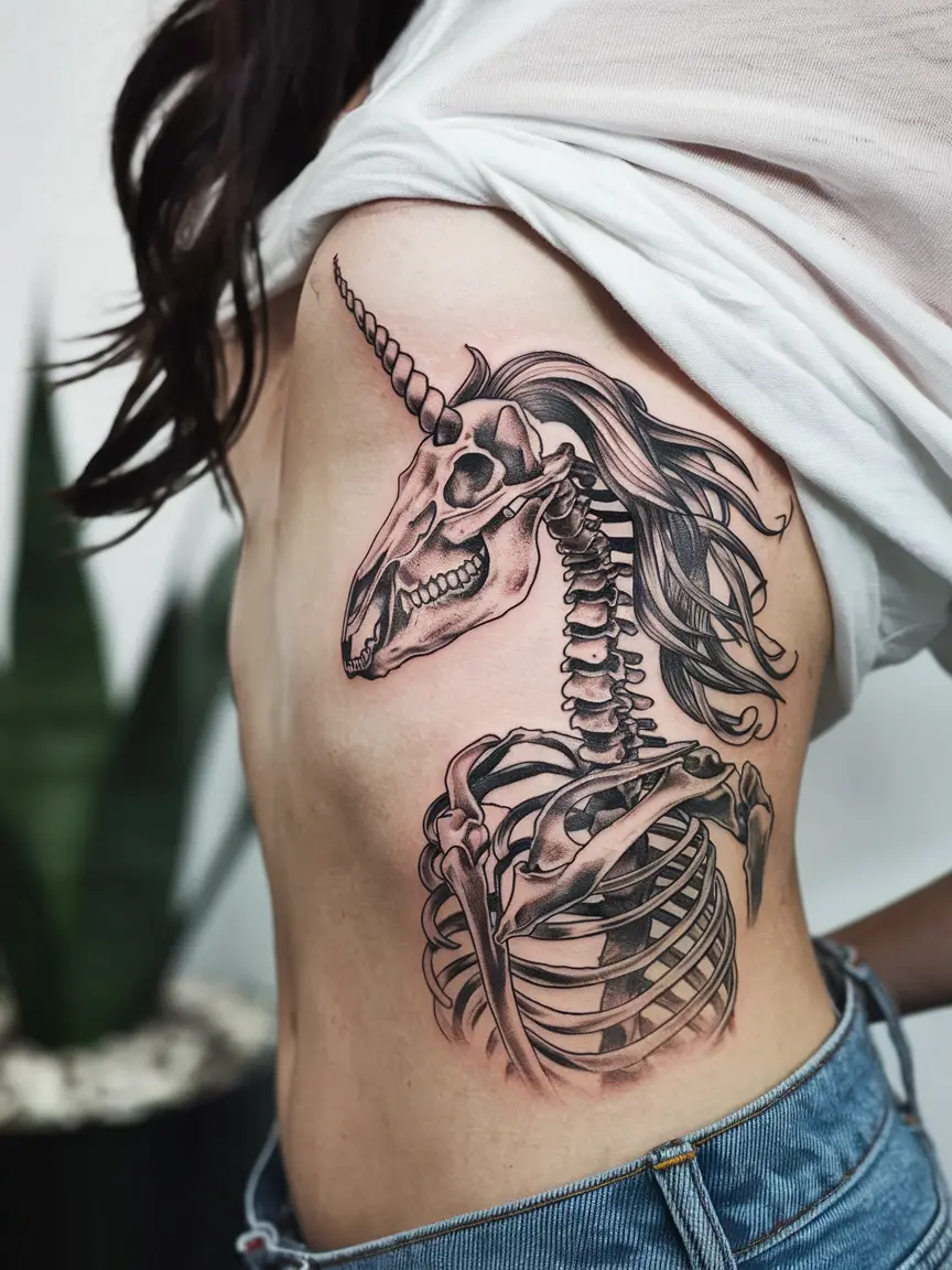 Unicorn skeleton tattoo on woman's ribcage