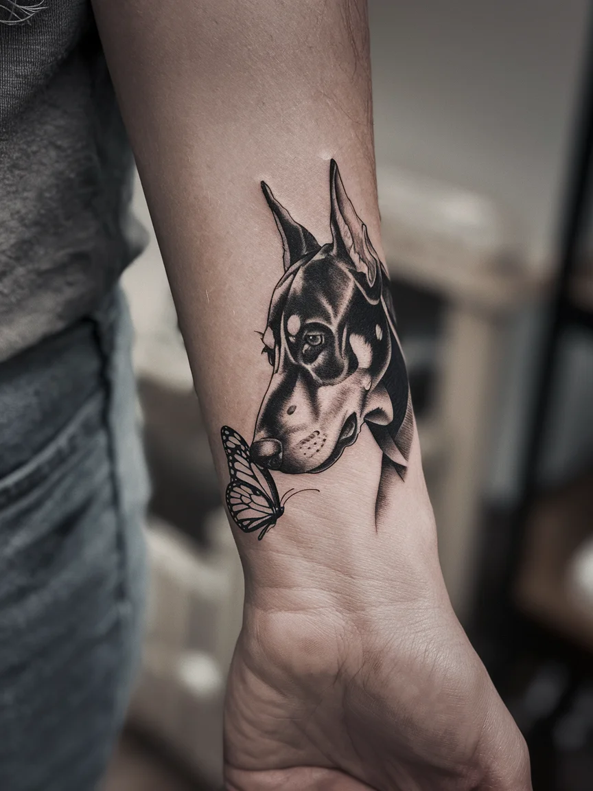 Doberman and butterfly tattoo on wrist