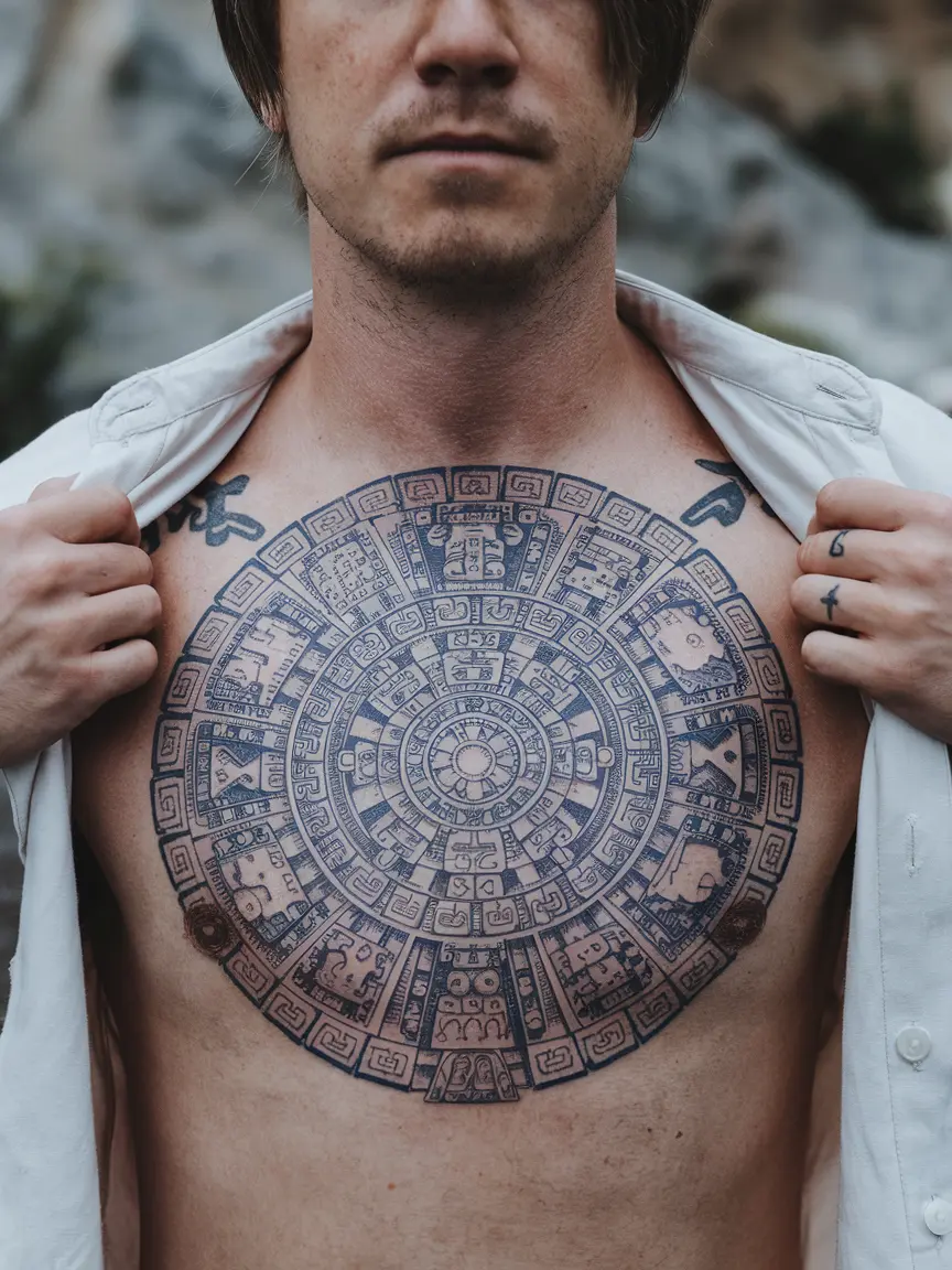 Aztec calendar chest tattoo on man