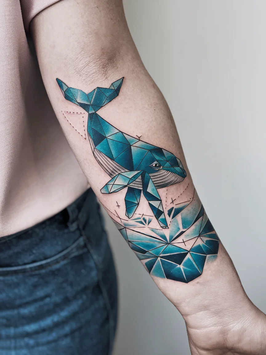 Geometric blue whale tattoo on woman's forearm