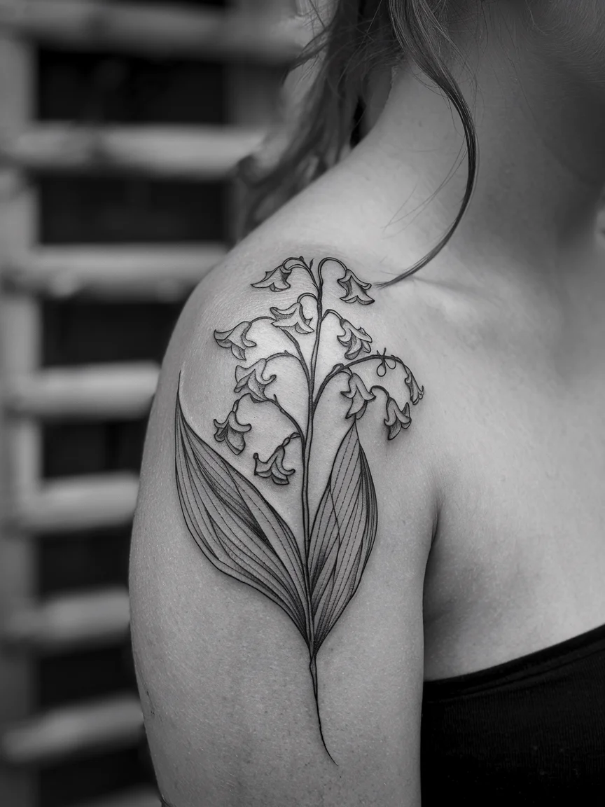 Blackwork lily of the valley shoulder cap tattoo