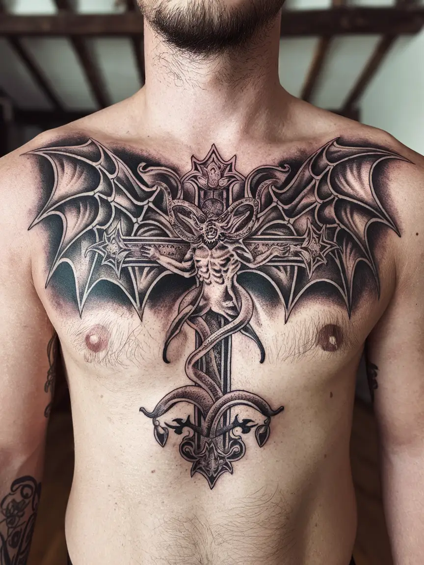 Detailed Leviathan Cross tattoo on chest