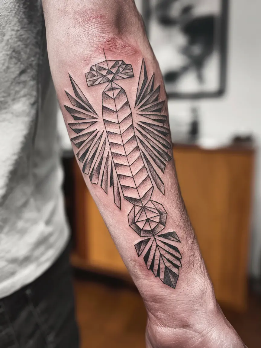 Man's forearm tattoo of geometric Quetzalcoatl