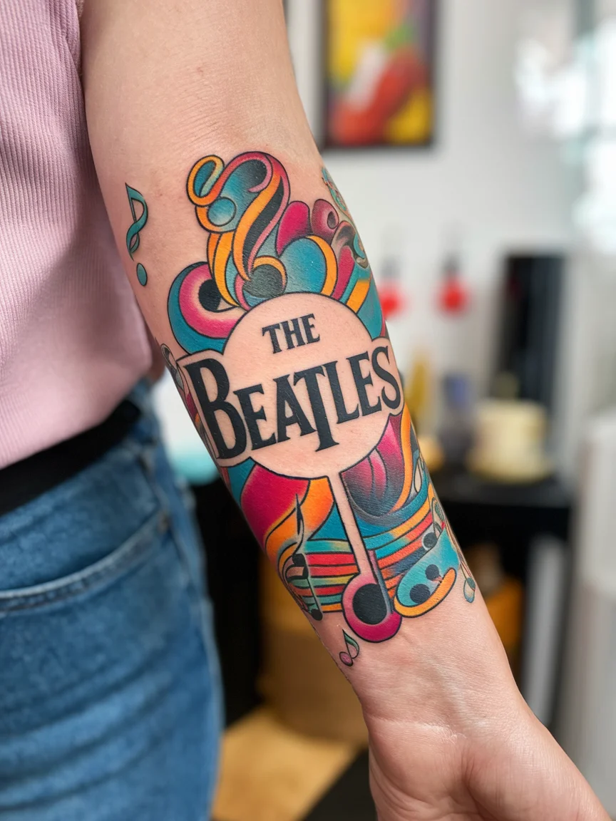 Woman's forearm with Beatles logo tattoo