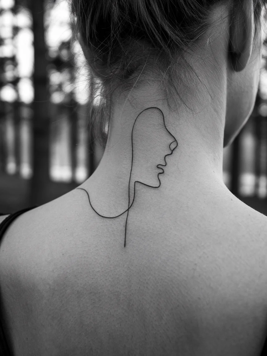 Minimalist line art neck tattoo