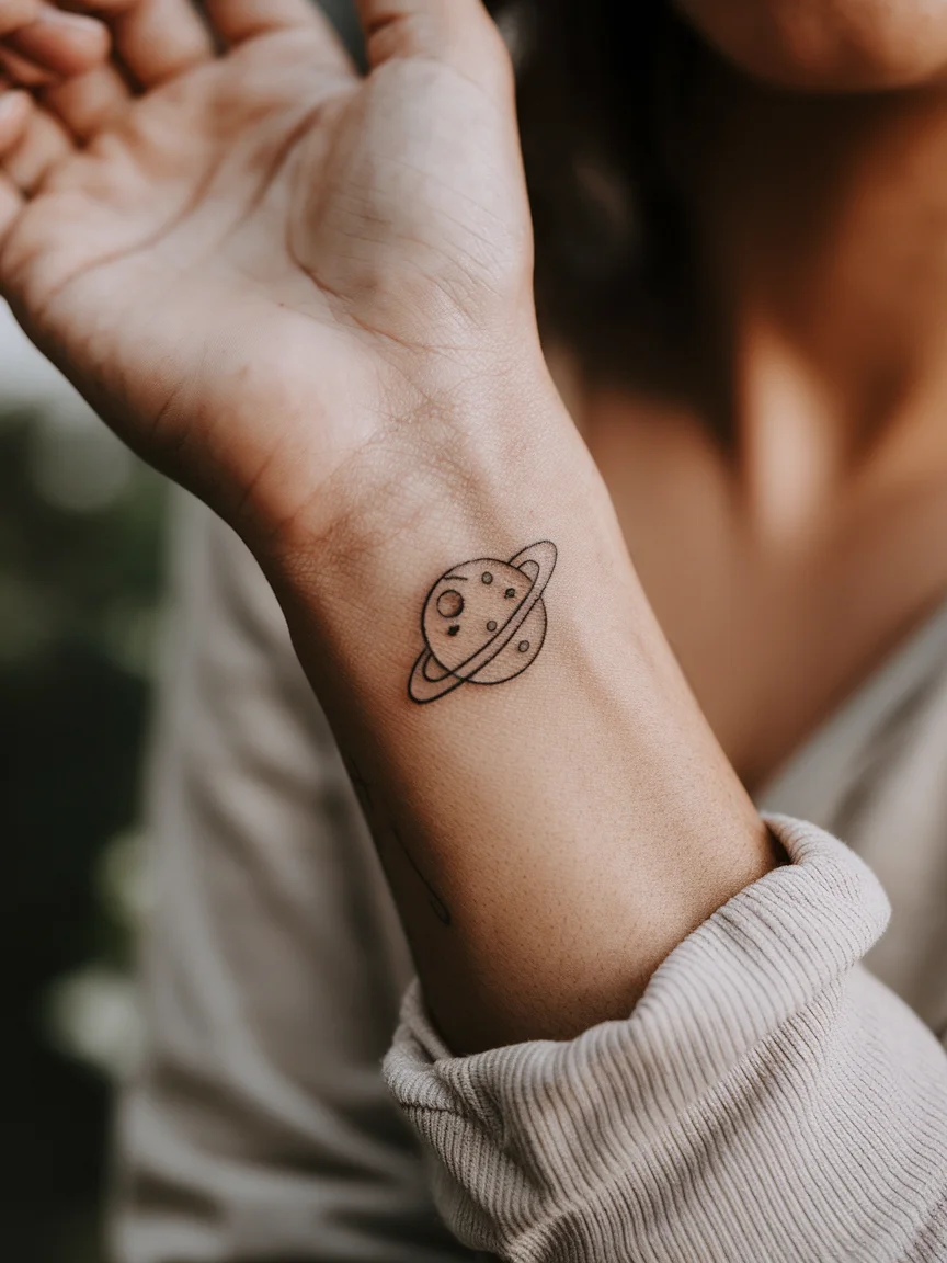 Woman's wrist with tiny planet stick and poke tattoo