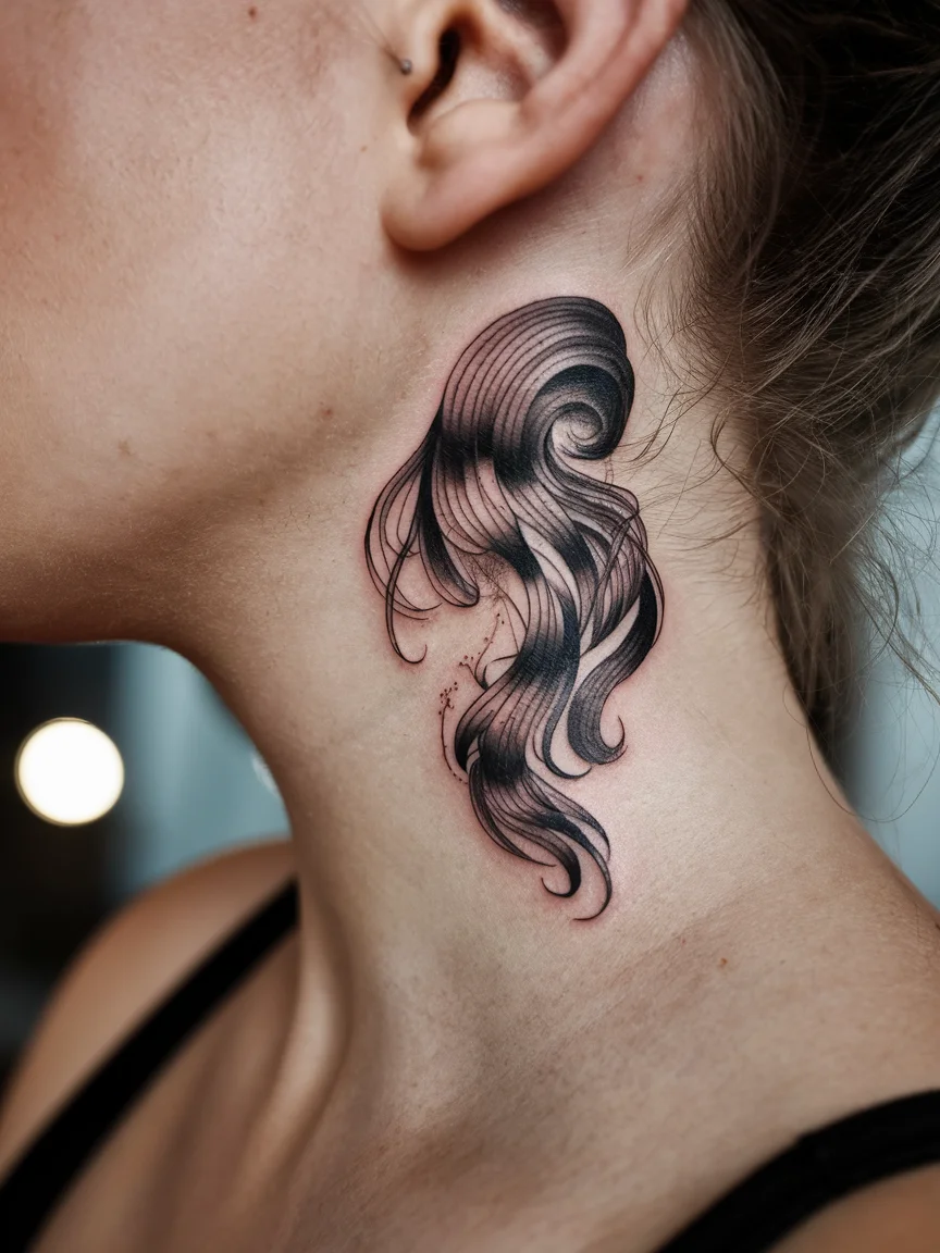 Finger wave illusion neck tattoo