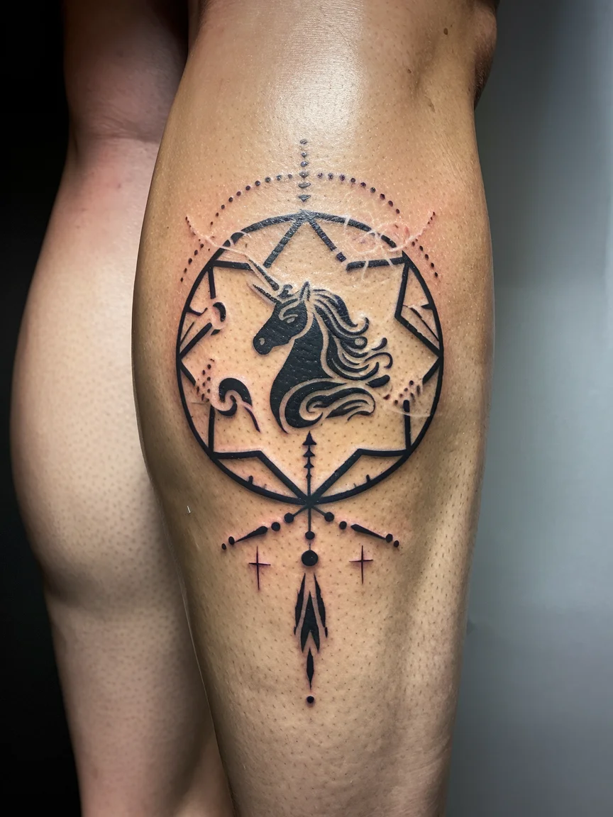 Unicorn Patronus tattoo on woman's calf