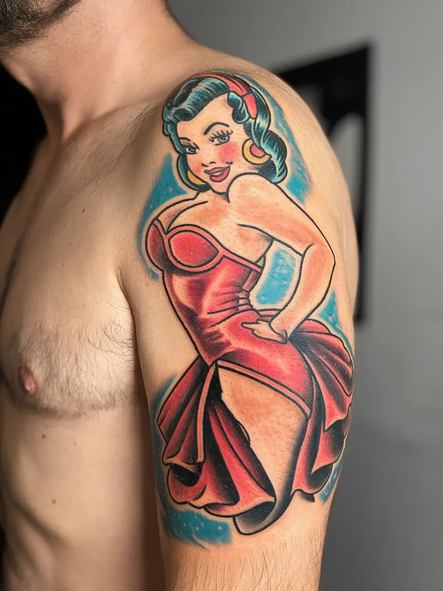 Traditional pin-up girl tattoo on upper arm