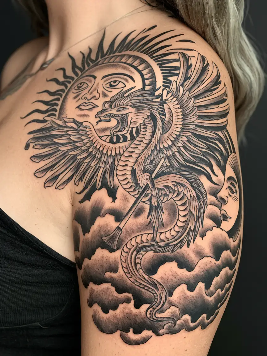 Woman's side tattoo of flying Quetzalcoatl